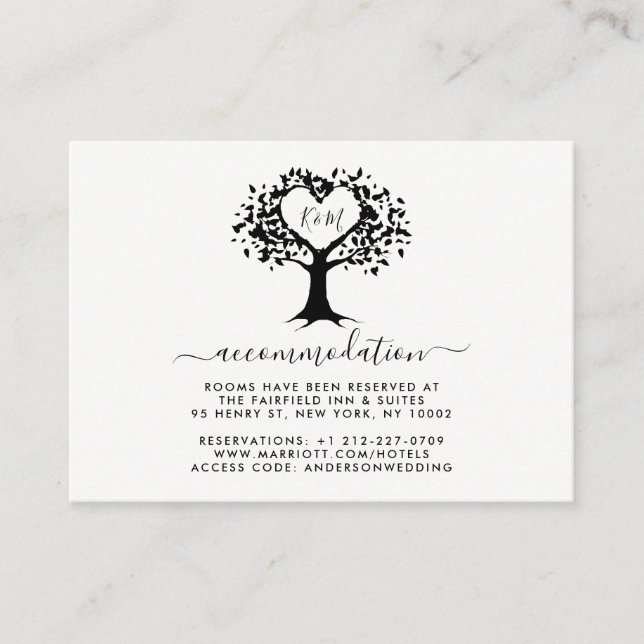 Tarjeta De Recepción Monograma simple negro y blanco Boda de árbol del  (Anverso)