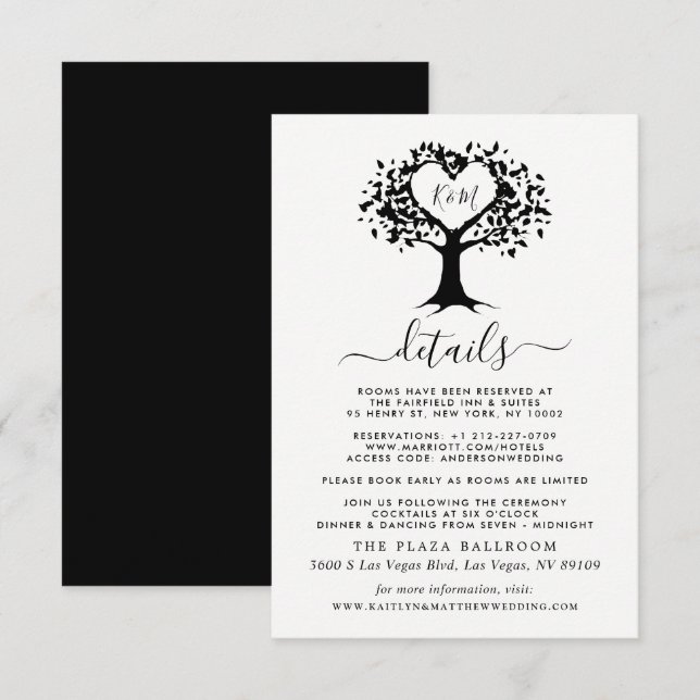 Tarjeta De Recepción Monograma simple negro y blanco Boda de árbol del  (Anverso / Reverso)