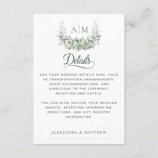 Tarjeta De Recepción Monograma Verde Elegante Detalles de la Boda (Anverso)