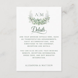 Tarjeta De Recepción Monograma Verde Elegante Detalles de la Boda