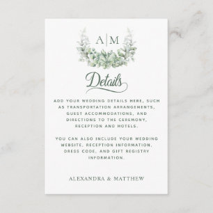 Tarjeta De Recepción Monograma Verde Elegante Detalles de la Boda