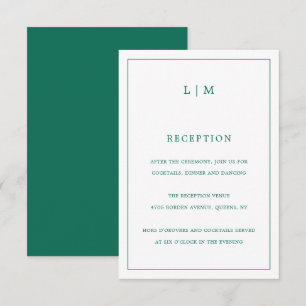 Tarjeta De Recepción Monograma verde esmeralda simple matrimonio elegan