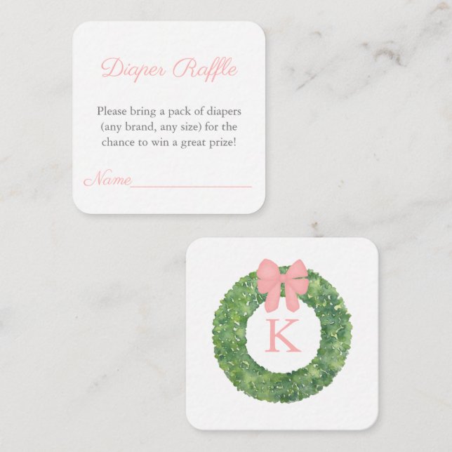 Tarjeta De Recepción Monograma verde rosa Baby Shower Diaper Raffle (Anverso / Reverso)
