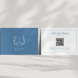 Tarjeta De Recepción Monograma Wreath Royal Azul Código QR Boda RSVP