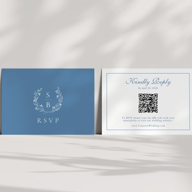 Tarjeta De Recepción Monograma Wreath Royal Azul Código QR Boda RSVP (Subido por el creador)