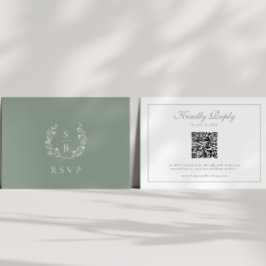 Tarjeta De Recepción Monograma Wreath Sage Verde Código QR Boda RSVP