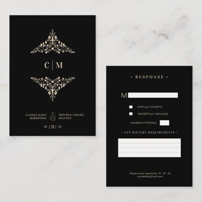 Tarjeta De Recepción Monogrammed RSVP Gold Wedding Initials Flourish (Anverso / Reverso)
