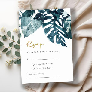 Tarjeta De Recepción Monstera Tropical Moderno Boda Foliage Azul Rsvp