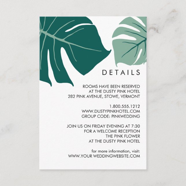 Tarjeta De Recepción Monstera Verde | Detalles de Invitado de Boda Trop (Anverso)