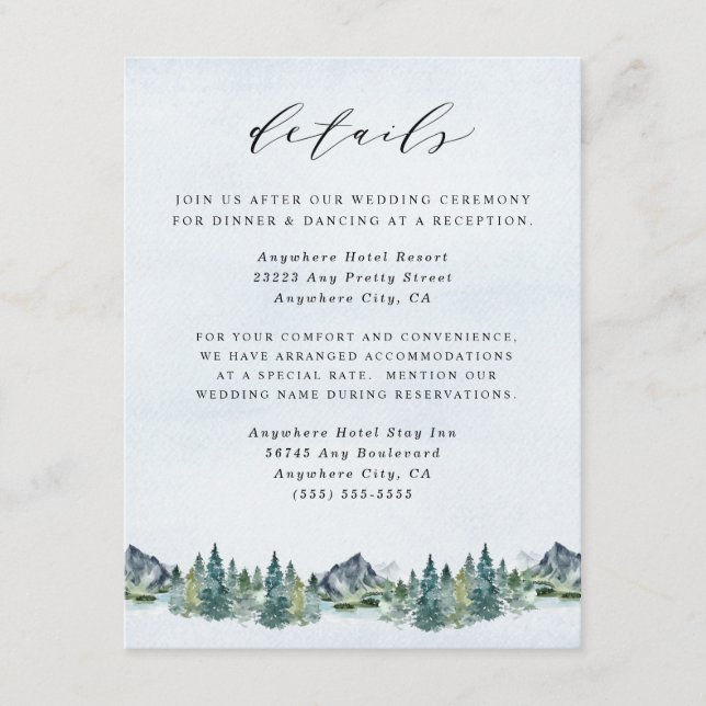 Tarjeta De Recepción Montaña acuarela Elegante Boda temático rústico (Anverso)