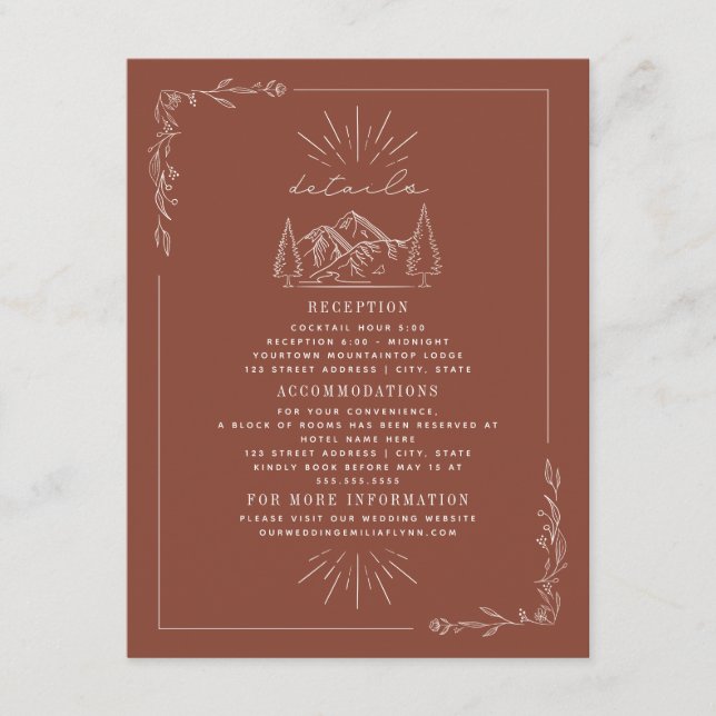 Tarjeta De Recepción Montañas de arte de línea Detalles del Boda Terrac (Anverso)