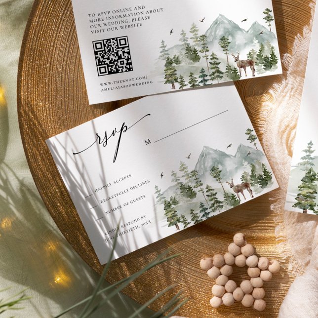 Tarjeta De Recepción Montañas Woodland Evergreen Wedding RSVP (Subido por el creador)