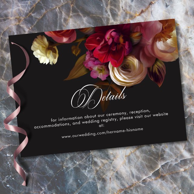 Tarjeta De Recepción Moody Black Floral Painterly Red Burgundy Wedding (Moody Black Floral Painterly Red Burgundy Wedding Enclosure Card)
