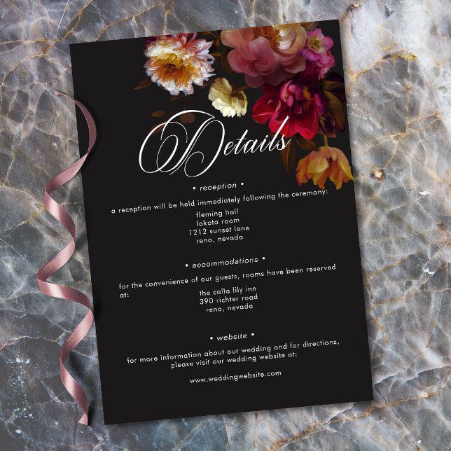 Tarjeta De Recepción Moody Black Floral Painterly Red Burgundy Wedding (Moody Black Floral Painterly Red Burgundy Wedding Enclosure Card)