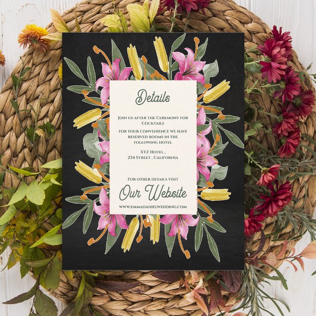 Tarjeta De Recepción Moody Blush Lily Wedding Details Information (Moody Blush Lily Wedding Details Card | Elegant Black Floral Botanical Information Insert)
