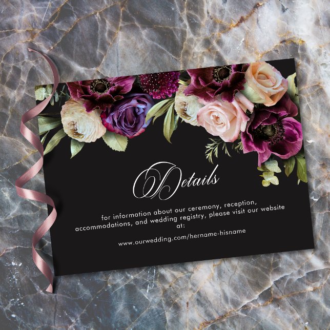 Tarjeta De Recepción Moody Dark Floral Black Burgundy Romantic Wedding (Moody Dark Floral Black Burgundy Romantic Wedding Enclosure Card)