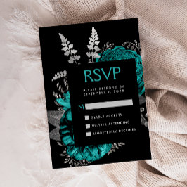 Tarjeta De Recepción Moody Dark Floral Boda Verde azulada Plata RSVP