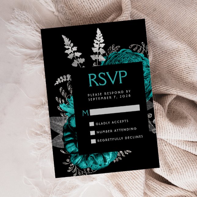 Tarjeta De Recepción Moody Dark Floral Boda Verde azulada Plata RSVP (Subido por el creador)