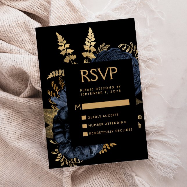 Tarjeta De Recepción Moody Dark Floral Navy Boda de Oro Azul RSVP (Subido por el creador)