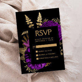 Tarjeta De Recepción Moody Dark Floral Purple Gold Wedding RSVP