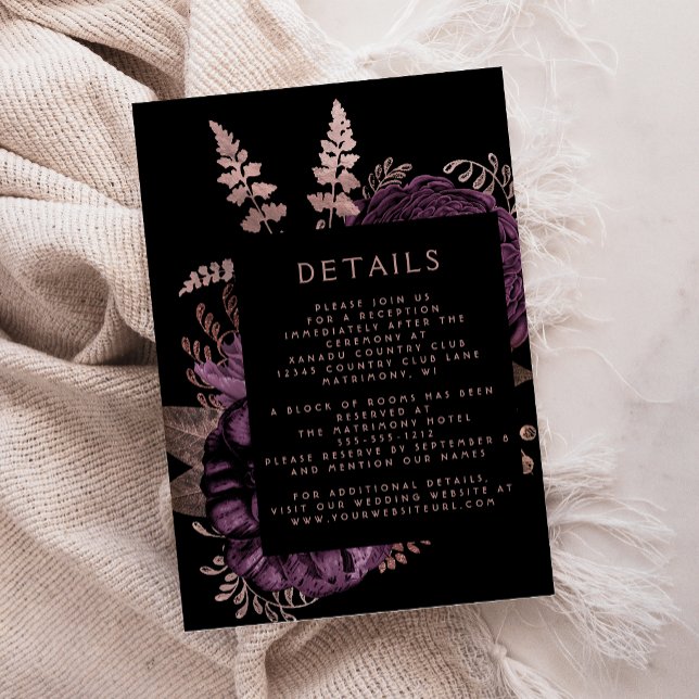 Tarjeta De Recepción Moody Dark Floral Purple Rosa Gold Boda Detalles (Subido por el creador)