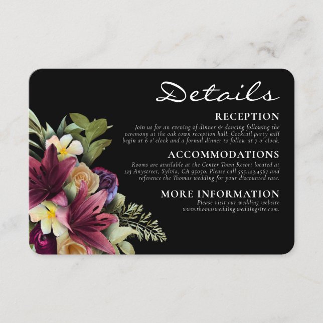 Tarjeta De Recepción Moody Dark Romántica Boda Floral Elegante (Anverso)
