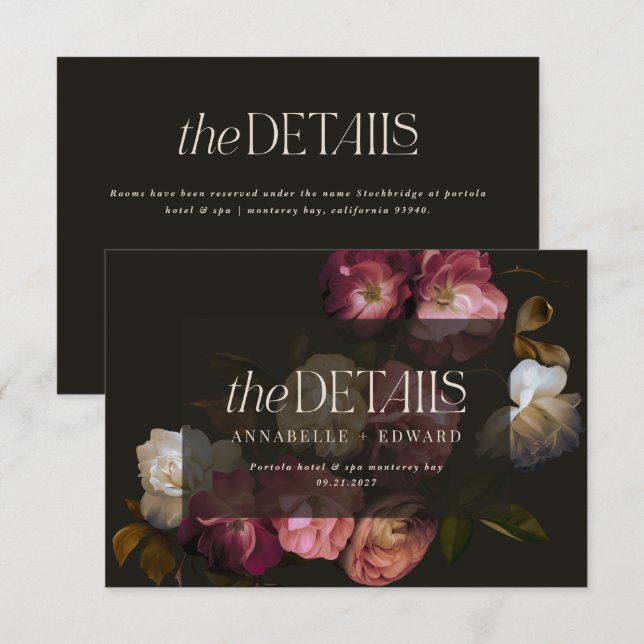 Tarjeta De Recepción Moody Floral Wedding Details Burgundy & Black (Anverso / Reverso)