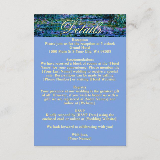 Tarjeta De Recepción Moody Jewel Tone Monet Water Lilies Art Wedding (Anverso)