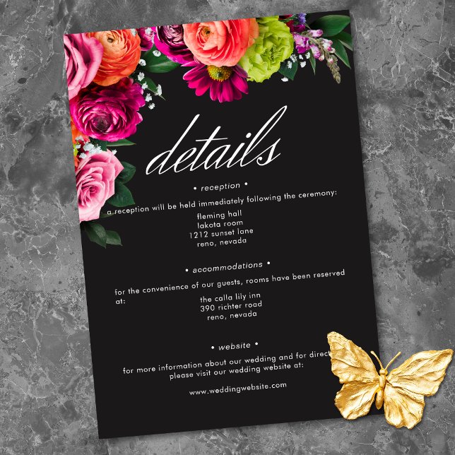 Tarjeta De Recepción Moody Luxe Floral Vibrant Pink Black Wedding (Moody Luxe Floral Vibrant Pink Black Wedding Enclosure Card)
