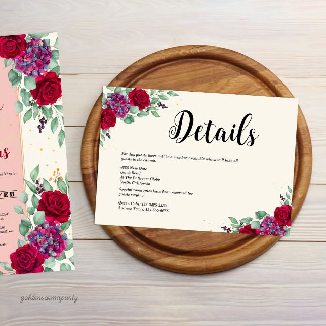 Tarjeta De Recepción Moody Red and Plum Purple Floral Wedding (Moody Red and Plum Purple Floral Wedding Enclosure Card)