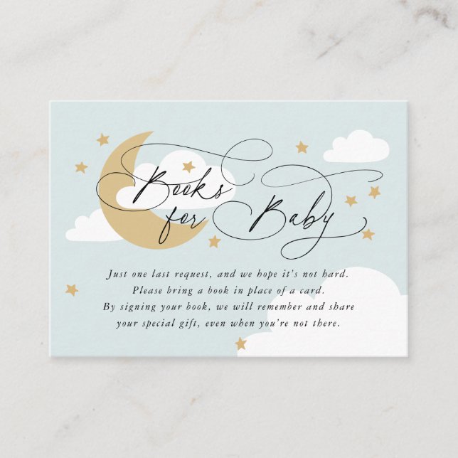Tarjeta De Recepción Moon and Stars Blue Gold Book Request Baby Shower (Anverso)
