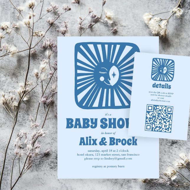 Tarjeta De Recepción Moon Glow Boho Moderno Personalizado Cute QR Baby  (Moon Glow Boho Modern Cute Custom QR code Baby Shower Enclosure Card
)