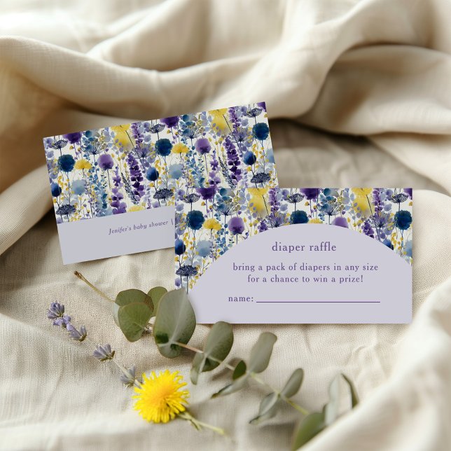 Tarjeta De Recepción Morado Amarillo acuarela Diaper Raffle (Celebrate your mama-to-be moment in full bloom with this elegant wildflower diaper raffle. )