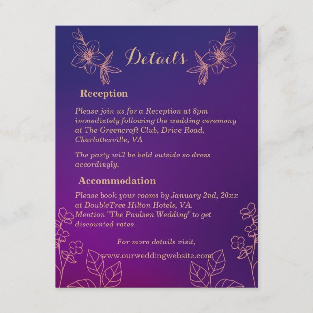 Tarjeta De Recepción Morado de magenta vibrante con Boda floral (Anverso)
