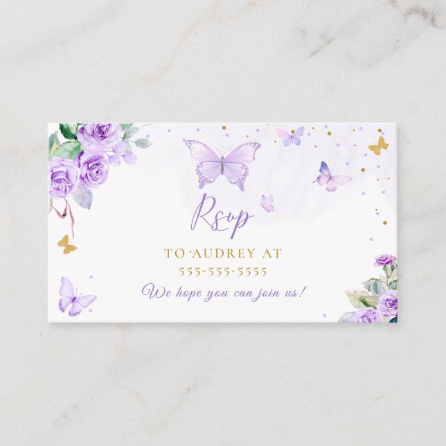 Tarjeta De Recepción Morado de oro Floral Mariposa RSVP (Anverso)