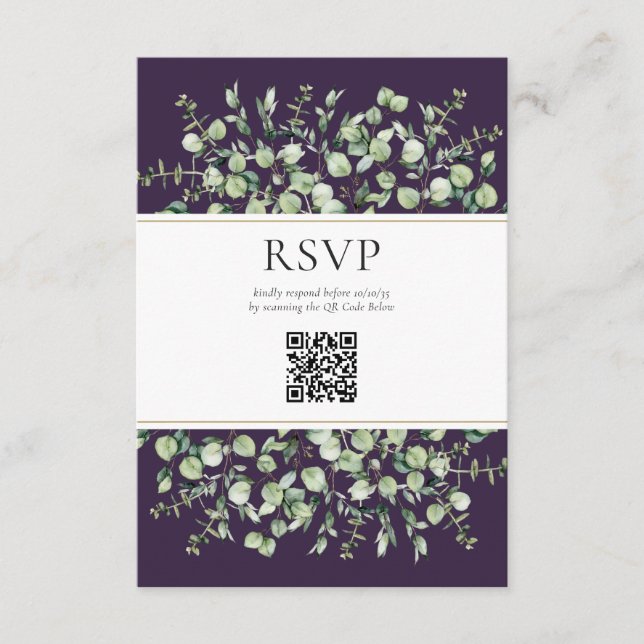 Tarjeta De Recepción Morado Eucalyptus Código QR Boda RSVP (Anverso)