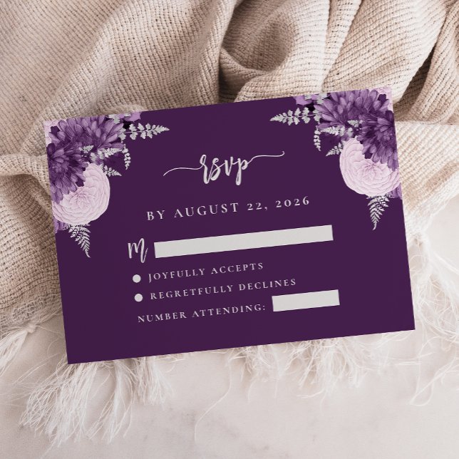 Tarjeta De Recepción Morado Lilac Plata Floral Script Wedding RSVP (Subido por el creador)