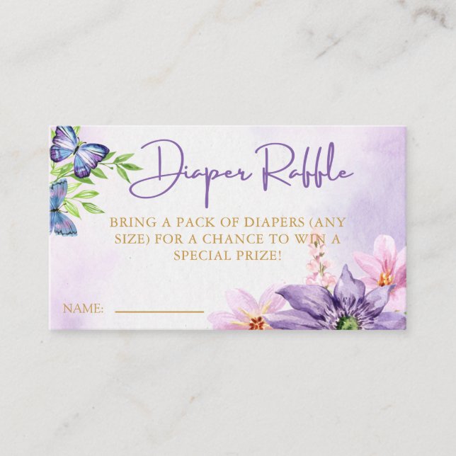 Tarjeta De Recepción Morado mariposa Baby Shower Diaper Raffle (Anverso)