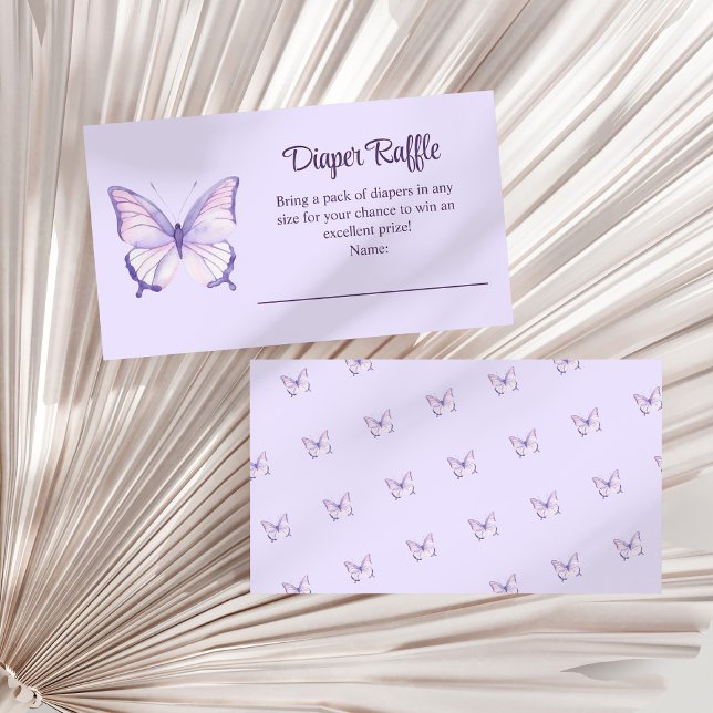 Tarjeta De Recepción Morado mariposa Baby Shower Diaper Raffle (Purple Butterfly Baby Shower Diaper Raffle Enclosure Card on a white dry palm leaf.)