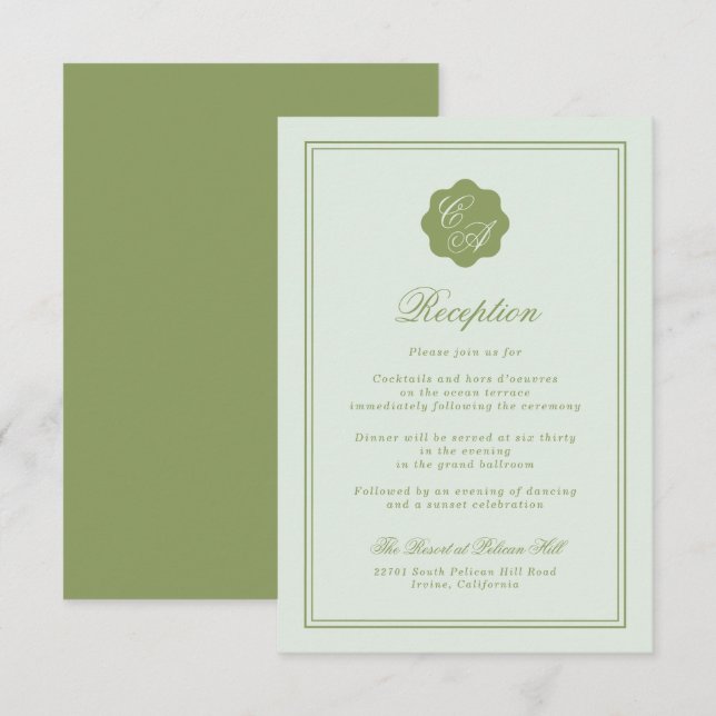 Tarjeta De Recepción Moss Green Monogram Reception Card (Anverso / Reverso)