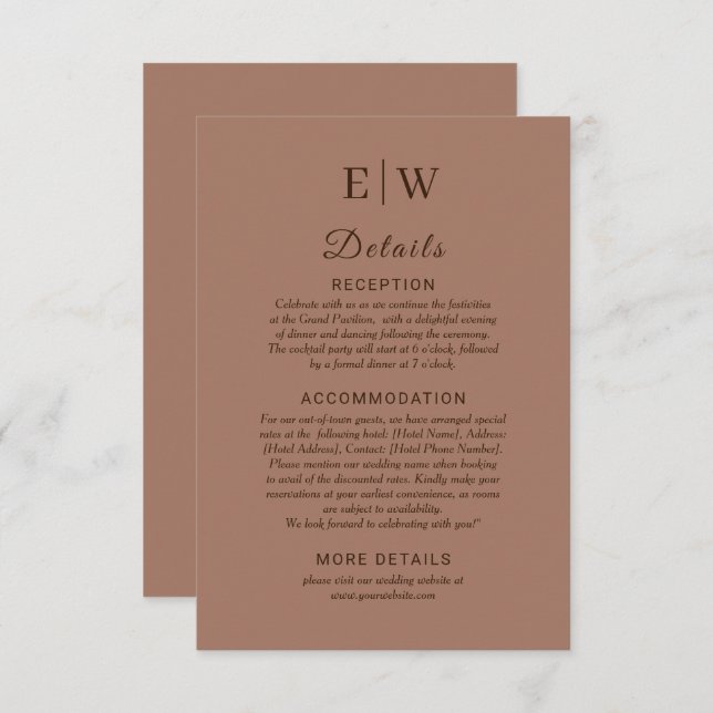 Tarjeta De Recepción Mousse elegante mocha simple con Boda monograma (Anverso / Reverso)