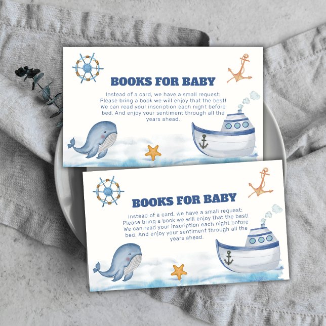 Tarjeta De Recepción Muchacho Moderno Libros De Barcos De Ballena Para  (Modern Boy Whale Sailboat Books For Baby Shower Enclosure Card)