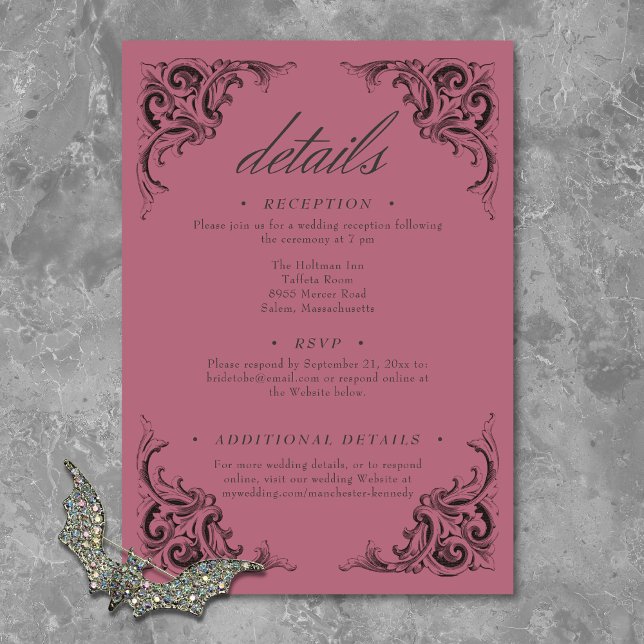 Tarjeta De Recepción Muralla victoriana hasta la muerte Boda negro y vi (Victorian Bat Until Death Black & Wine Wedding Enclosure Card)