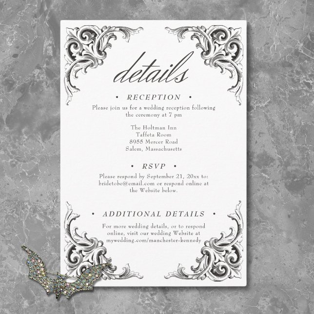 Tarjeta De Recepción Murciélago victoriano hasta la muerte Boda blanco  (Victorian Bat Until Death Black White Wedding Enclosure Card)