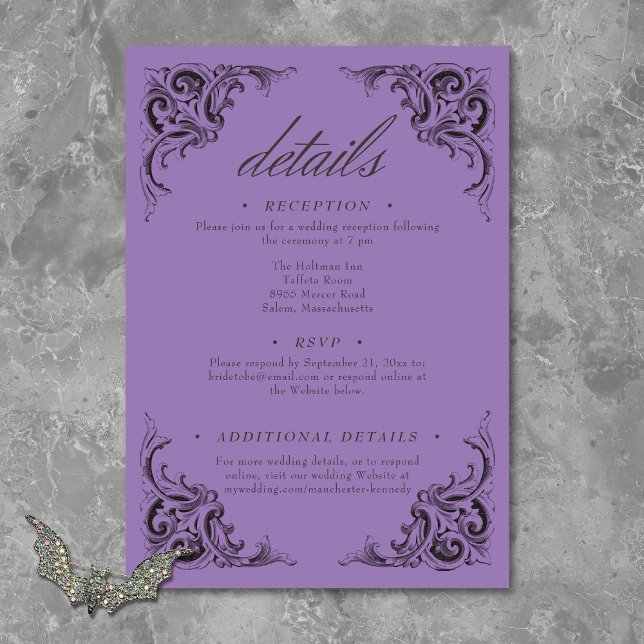 Tarjeta De Recepción Murciélago victoriano hasta la muerte Boda negro y (Victorian Bat Until Death Black & Purple Wedding Enclosure Card)