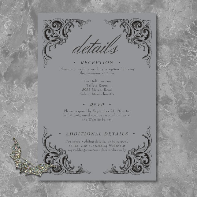 Tarjeta De Recepción Murciélago victoriano hasta la muerte Boda negro y (Victorian Bat Until Death Black & Gray Wedding Enclosure Card)