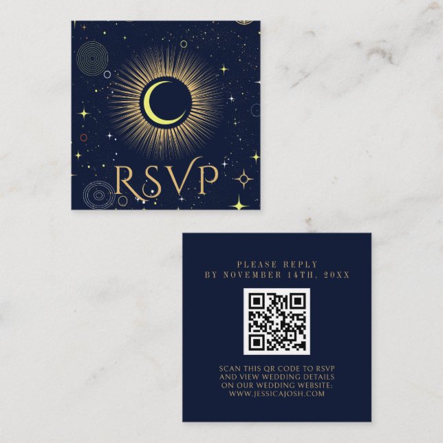 Tarjeta De Recepción Mystical Galaxy Navy Blue QR Code Wedding RSVP (Anverso / Reverso)