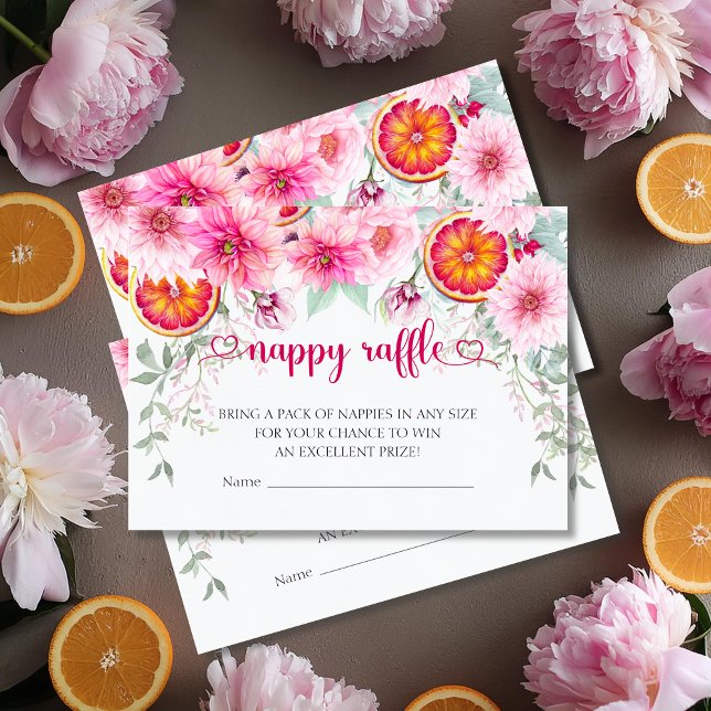 Tarjeta De Recepción Nappy Diaper Raffle Baby Shower (Citrus & Pink Watercolor Flowers Baby Shower Nappy Raffle - Diaper Raffle Enclosure Cards)