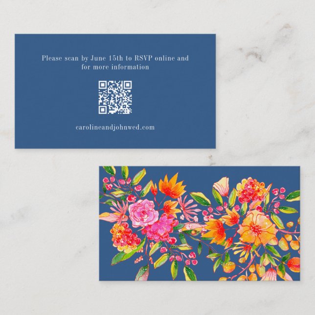 Tarjeta De Recepción Naranja azul Boda floral RSVP Código QR en línea (Anverso / Reverso)
