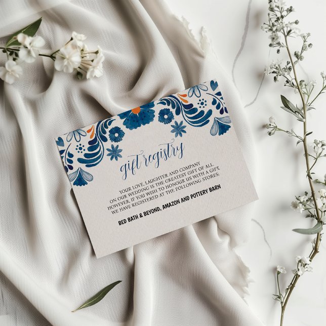 Tarjeta De Recepción Naranja azul mexicano Floral Elegante Boda Fiesta (Mexican Blue Orange Floral Elegant Fiesta Wedding Enclosure Card)
